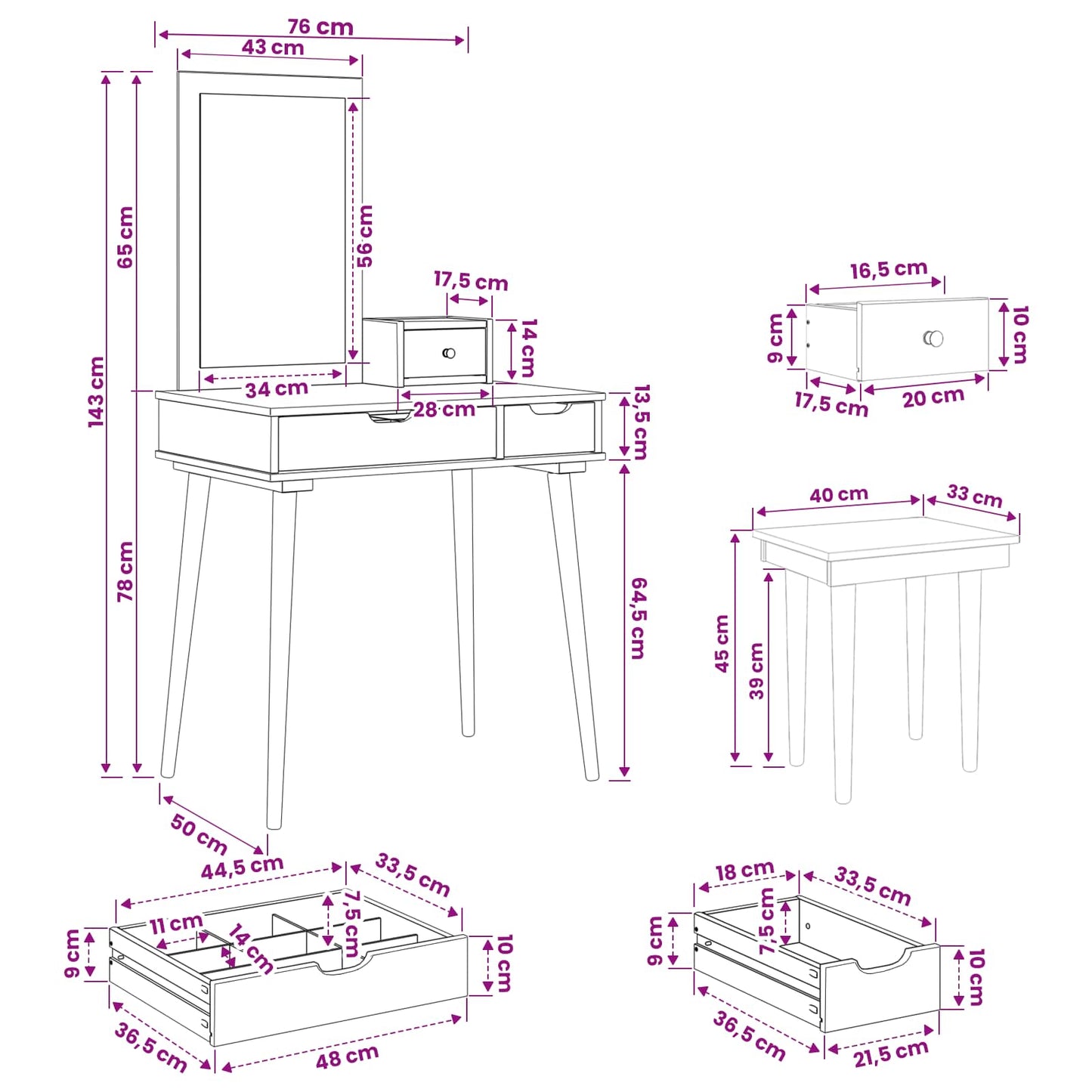 Toilettafel Set FAUSKE 4 pcs Wit 76 x 50 x 143 cm