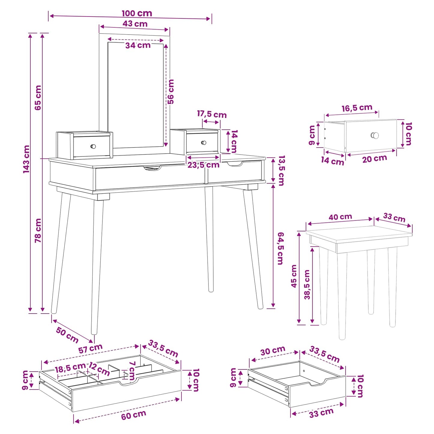 Toilettafel Set FAUSKE 5 pcs Wit 100 x 50 x 143 cm