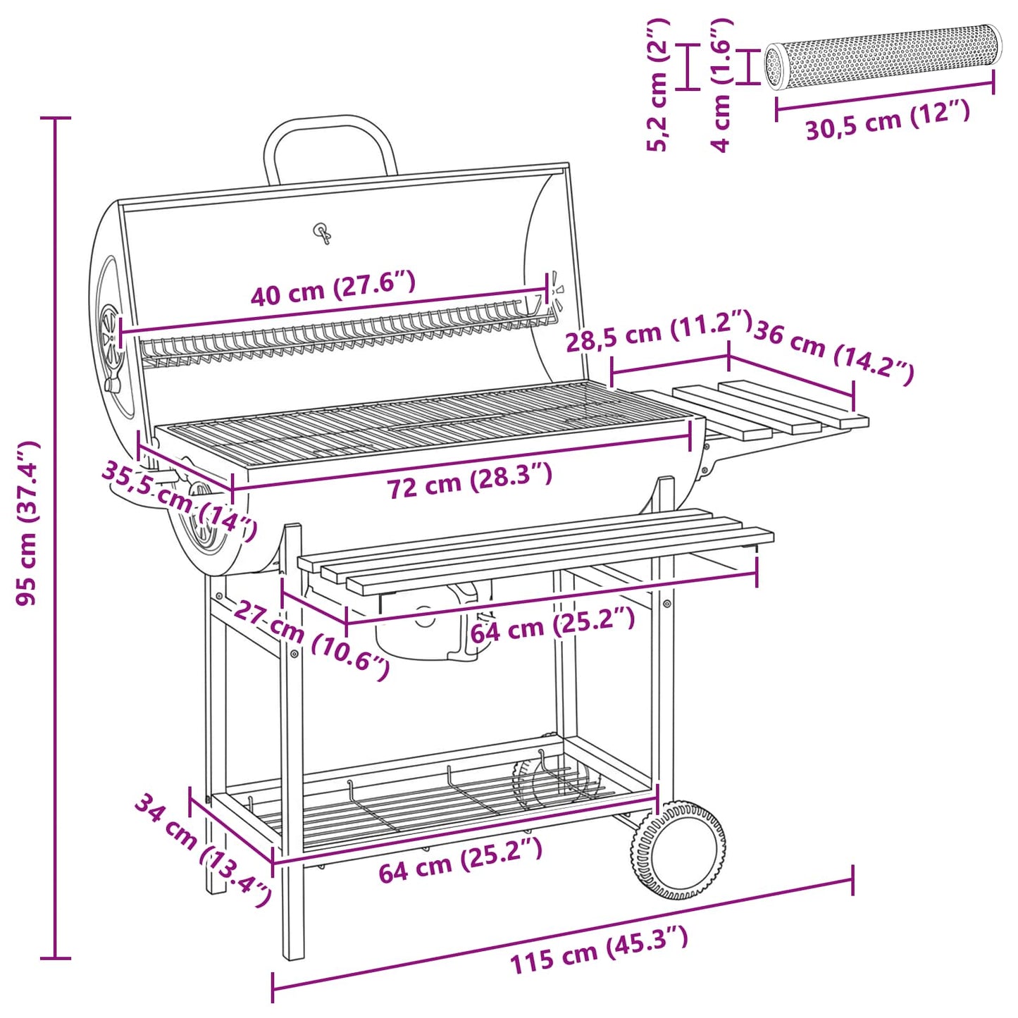 Vaten Grill met Wielen en Planken 3 pcs 115 x 85 x 95 cm Metaal