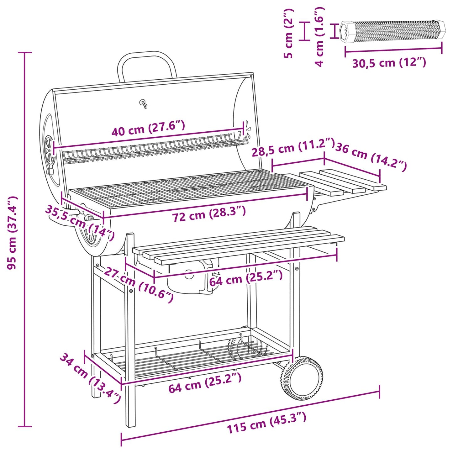 Vaten Grill met Wielen en Planken 3 pcs 115 x 85 x 95 cm Metaal