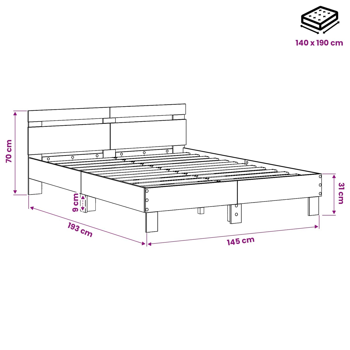 Bedframe Artisanaal eiken 140 x 190 cm Bewerkt hout