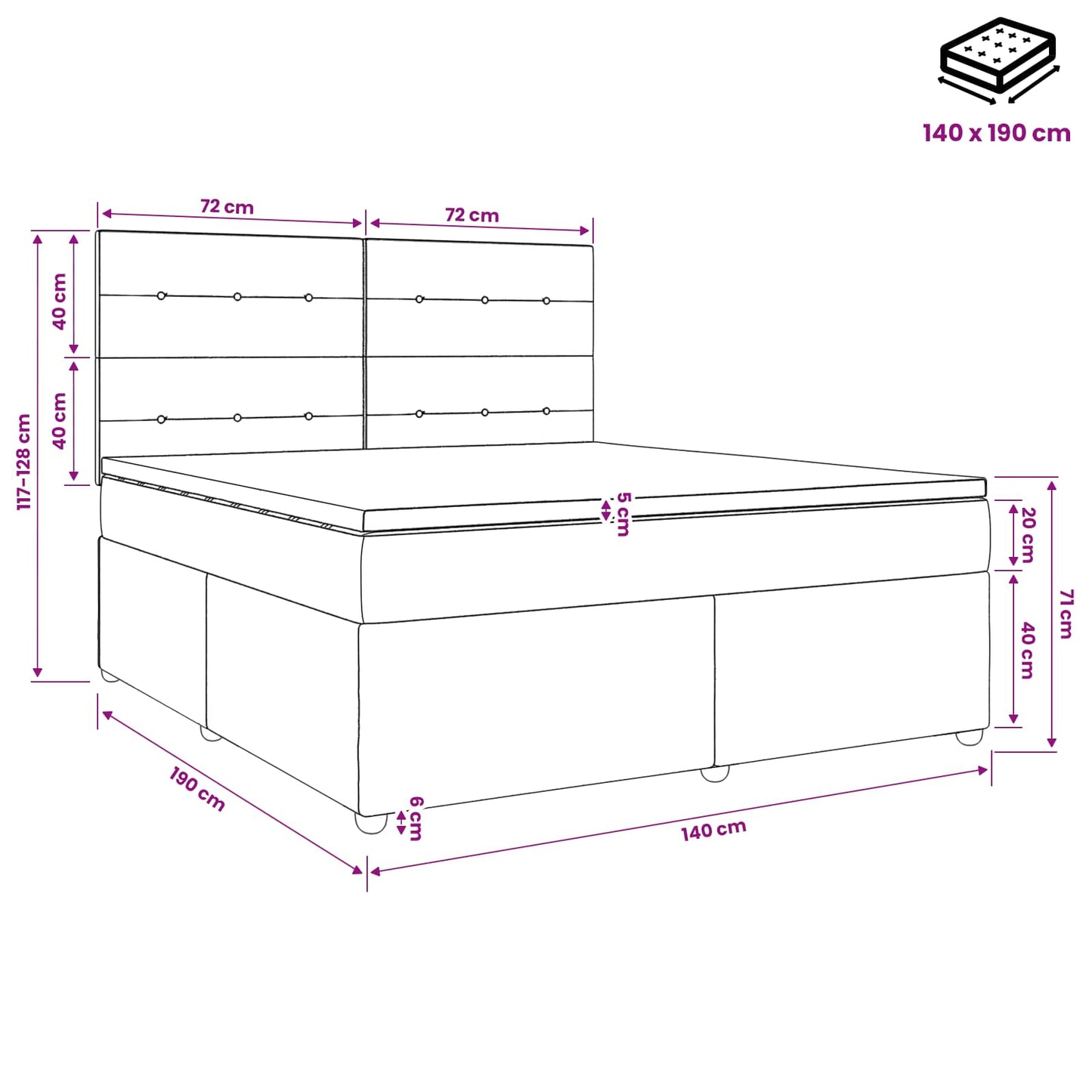 Boxspringbed met matras met hoofdeinde Zwart 140 x 190 cm Stof