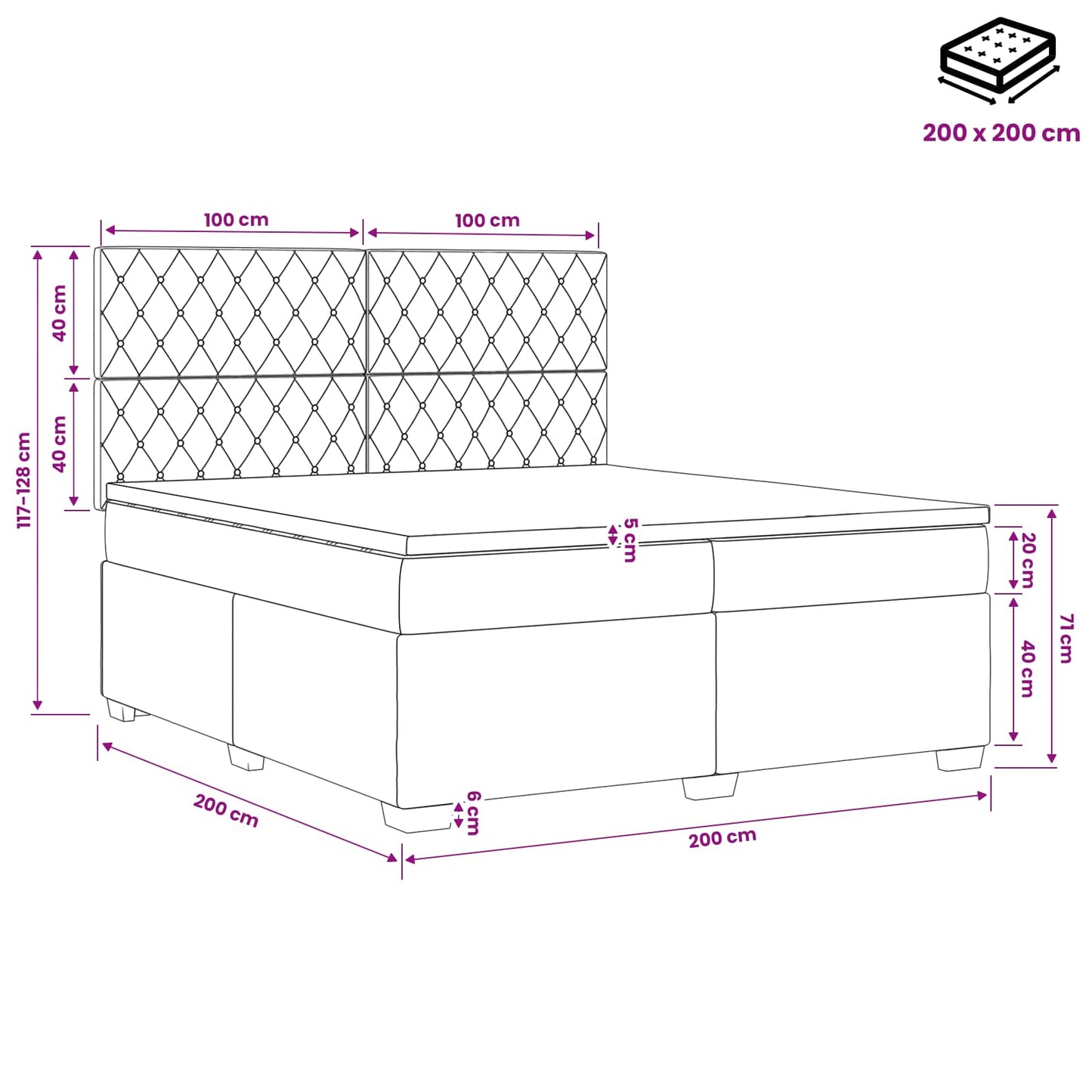 LED Boxspring Bed met Matras Lichtgrijs 200 x 200 cm Fluweel