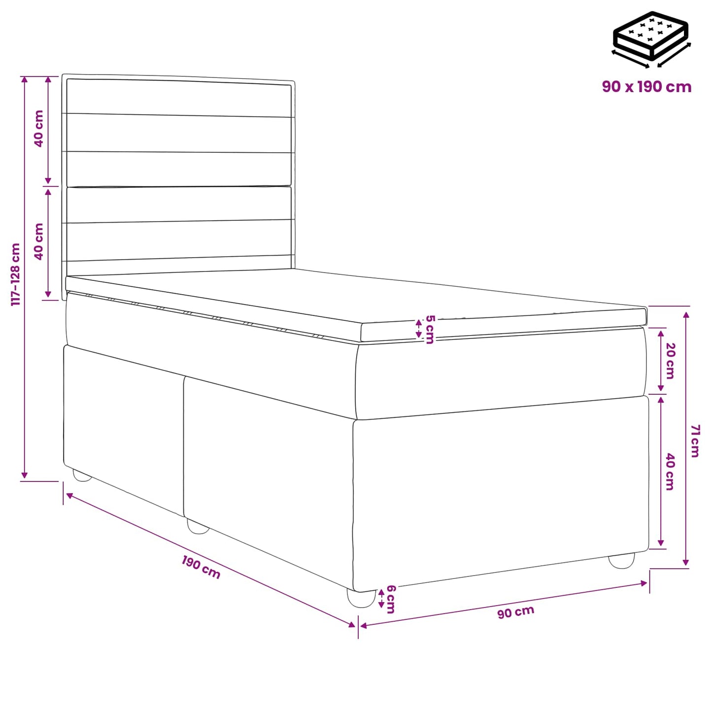 LED Boxspring Bed met Matras Donkergrijs 90 x 190 cm Stof