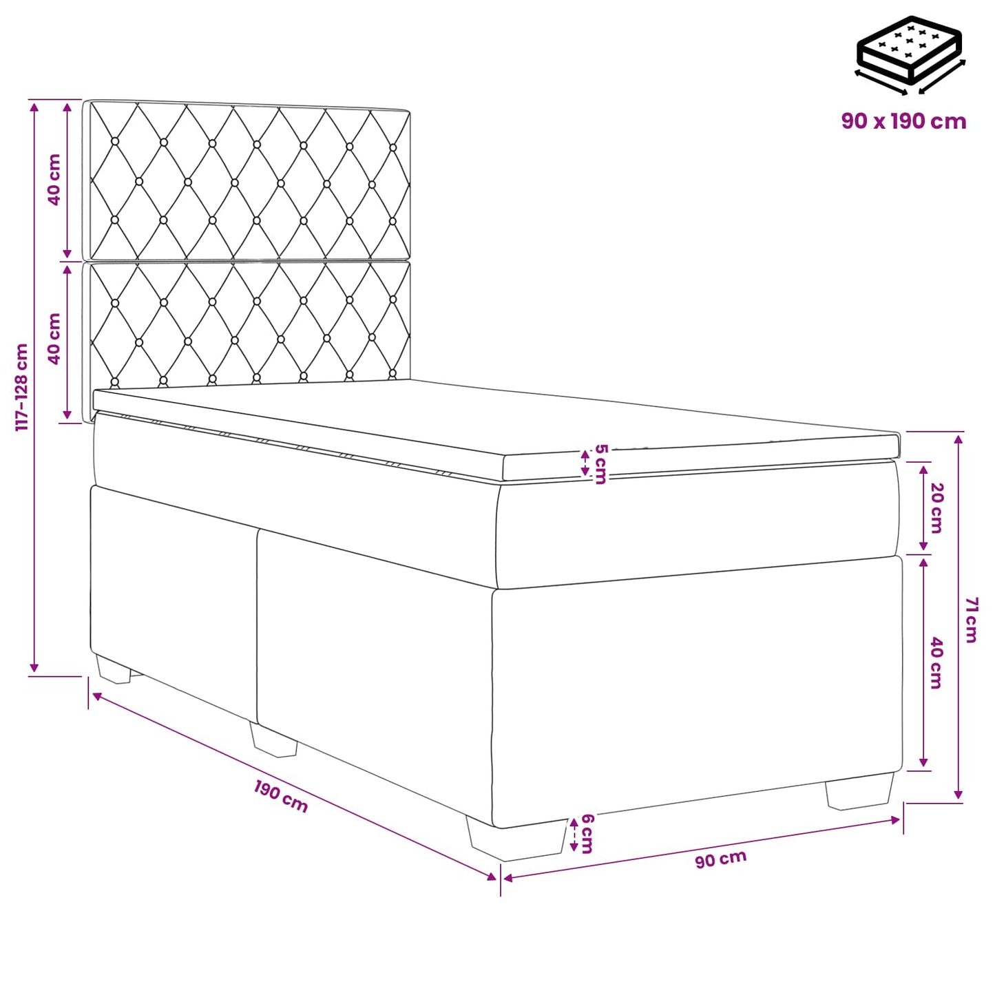LED Boxspring Bed met Matras Donkergrijs 90 x 190 cm Fluweel