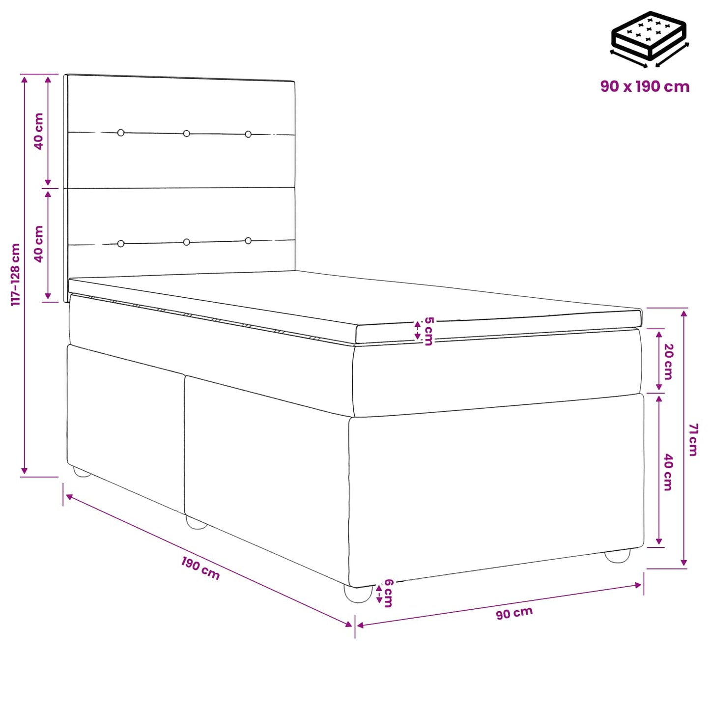 LED Boxspring Bed met Matras Lichtgrijs 90 x 190 cm Fluweel