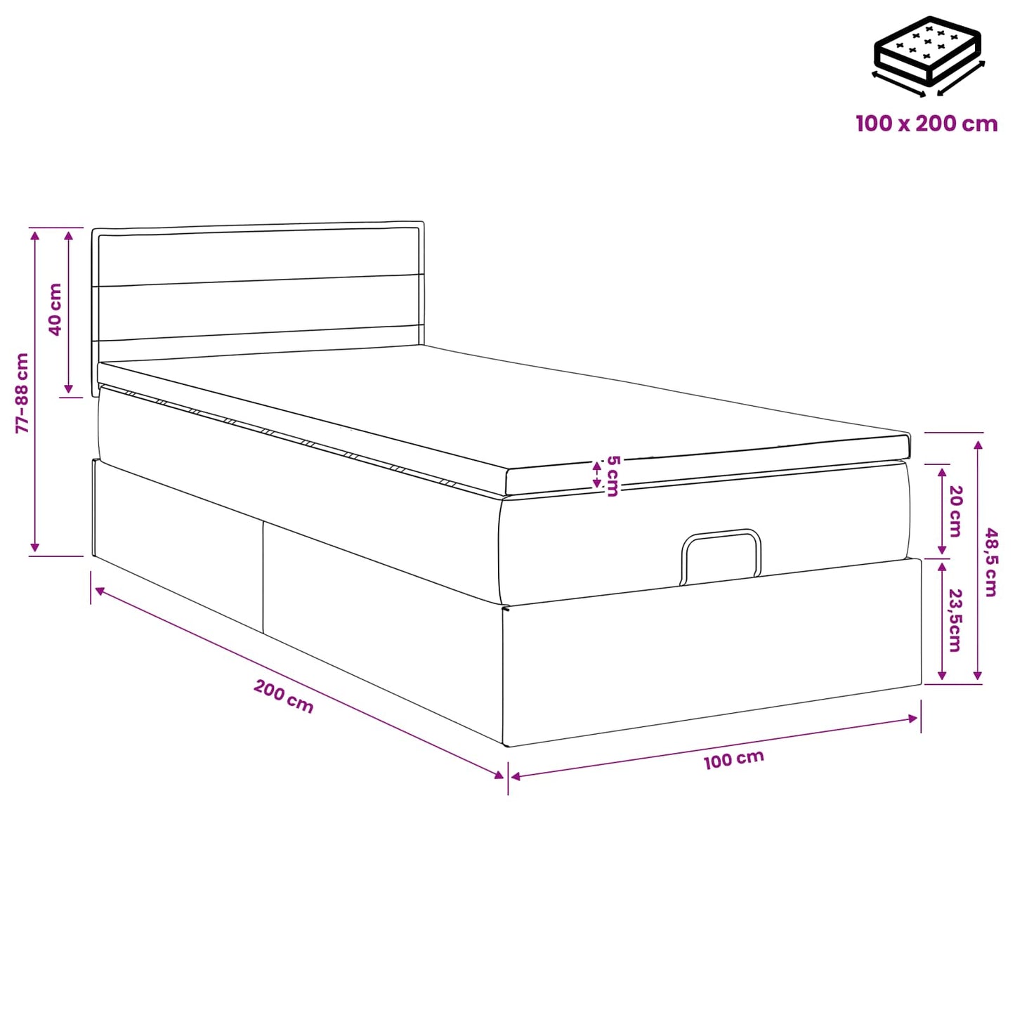 Ottoman bed met matras met hoofdeinde Zwart 100 x 200 cm Stof