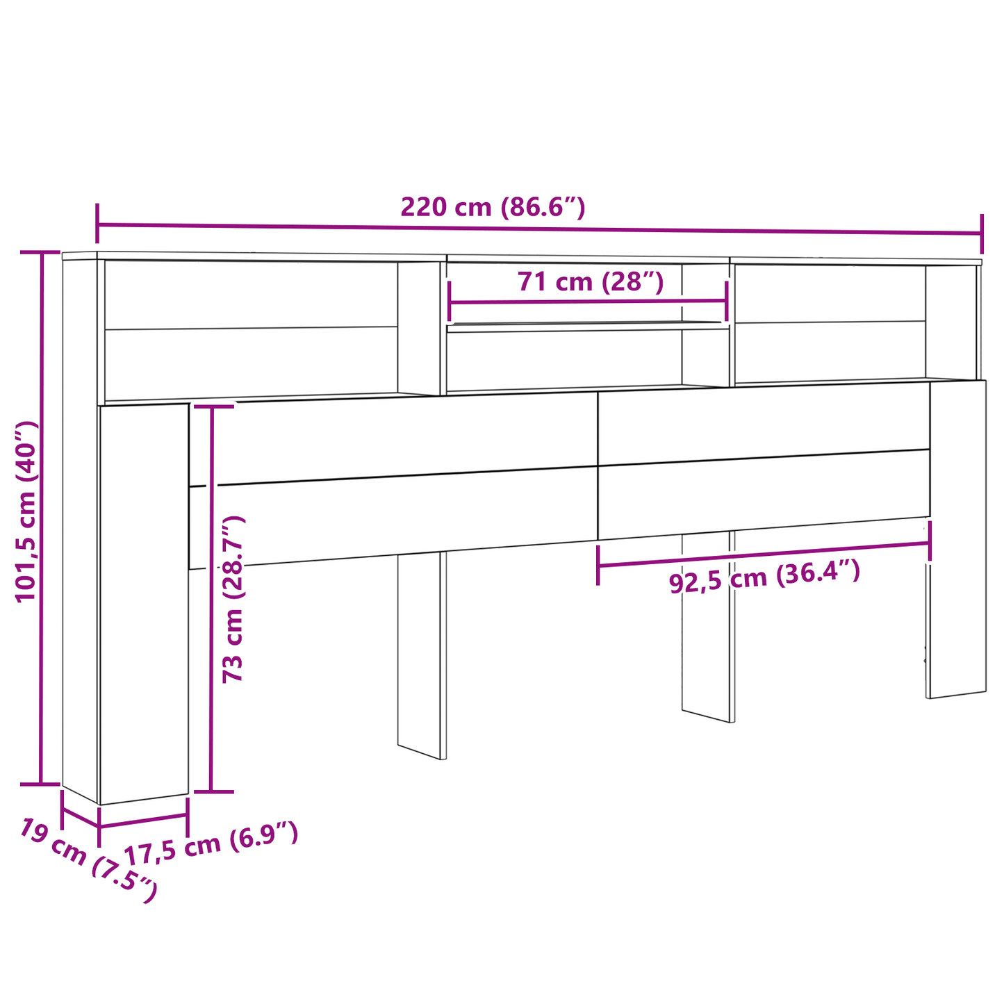 Hoofdeinde kas Zwart Eiken 220 x 19 x 101,5 cm Bewerkt hout is nu te koop bij PeponiXL, paradijselijk wonen!