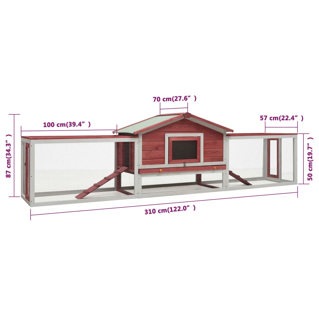 Konijnenhok 310x70x87 cm massief grenen- en vurenhout rood is nu te koop bij PeponiXL, paradijselijk wonen!