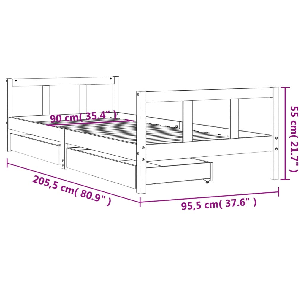 Kinderbedframe met lades 90x200 cm massief grenenhout zwart is nu te koop bij PeponiXL, paradijselijk wonen!