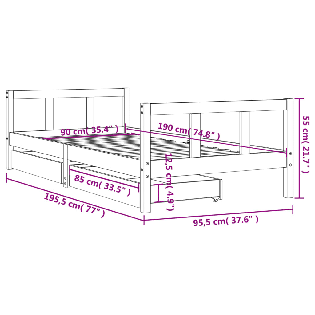 Kinderbedframe met lades 90x190 cm massief grenenhout wit is nu te koop bij PeponiXL, paradijselijk wonen!