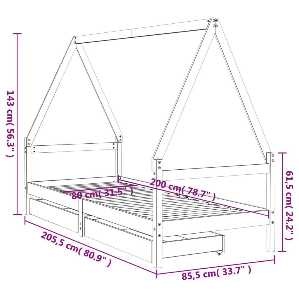 Kinderbedframe met lades 80x200 cm massief grenenhout is nu te koop bij PeponiXL, paradijselijk wonen!