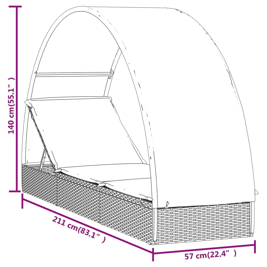 Ligbed met rond dak 211x57x140 cm poly rattan grijs is nu te koop bij PeponiXL, paradijselijk wonen!