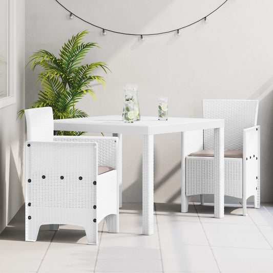 3-delige Tuin Eettafelset met Kussens Wit Poly Rattan
