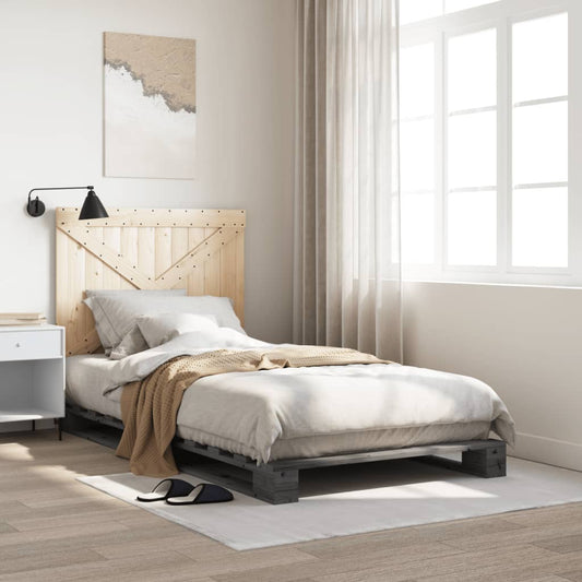 Bedframe met hoofdbord massief grenenhout grijs 100x200 cm