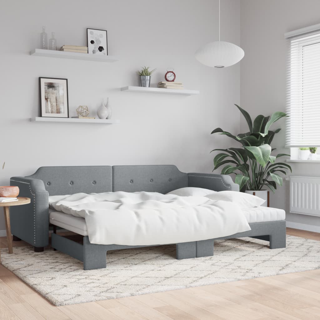 Slaapbank onderschuifbed en matrassen 80x200 cm stof lichtgrijs