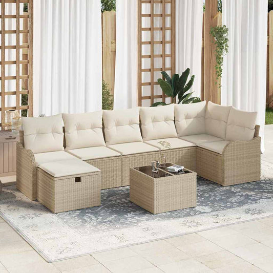 8-delige tuinset met kussens Beige Poly Rattan
