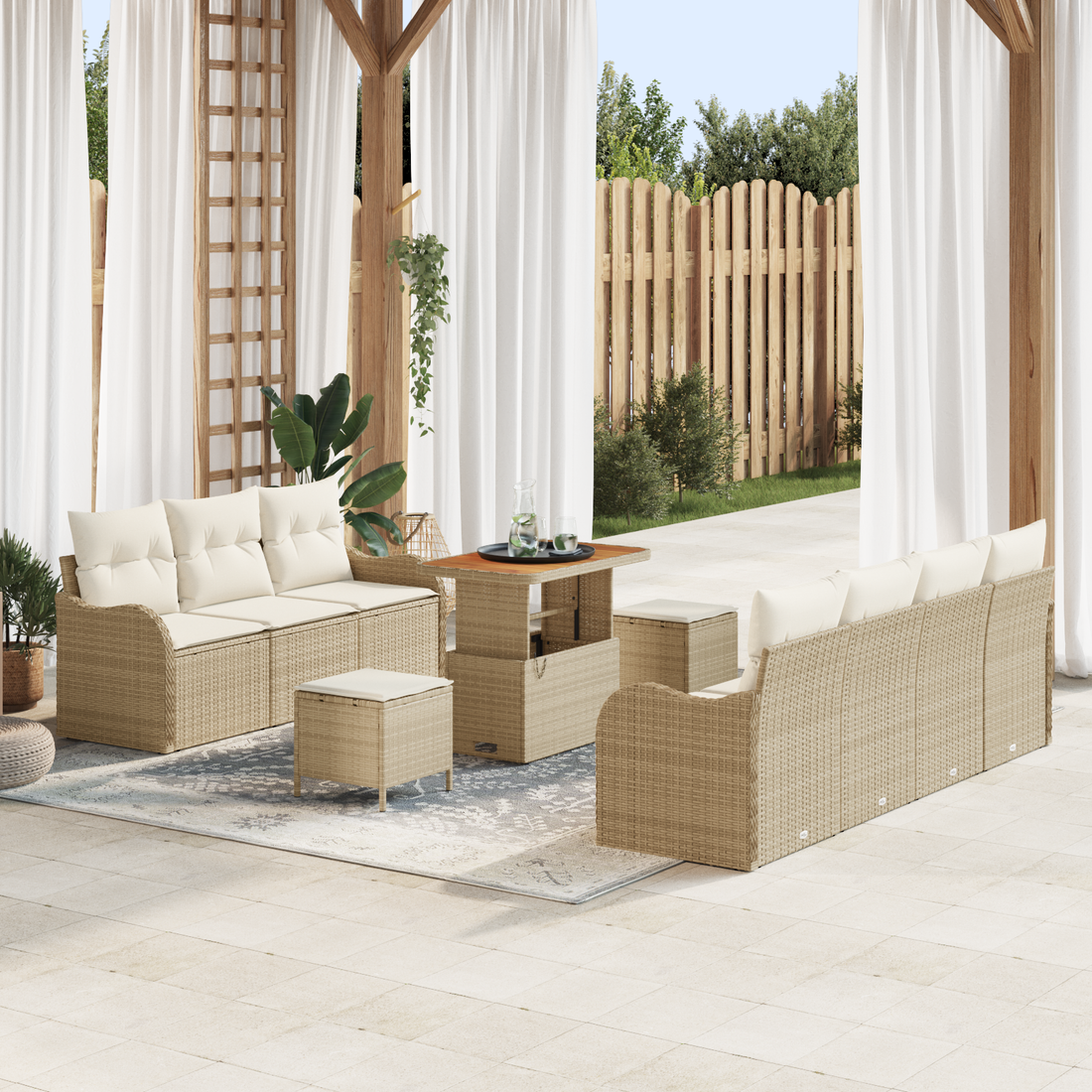 10-delige Tuin Sofa Set met Kussens Beige Poly Rattan Acacia