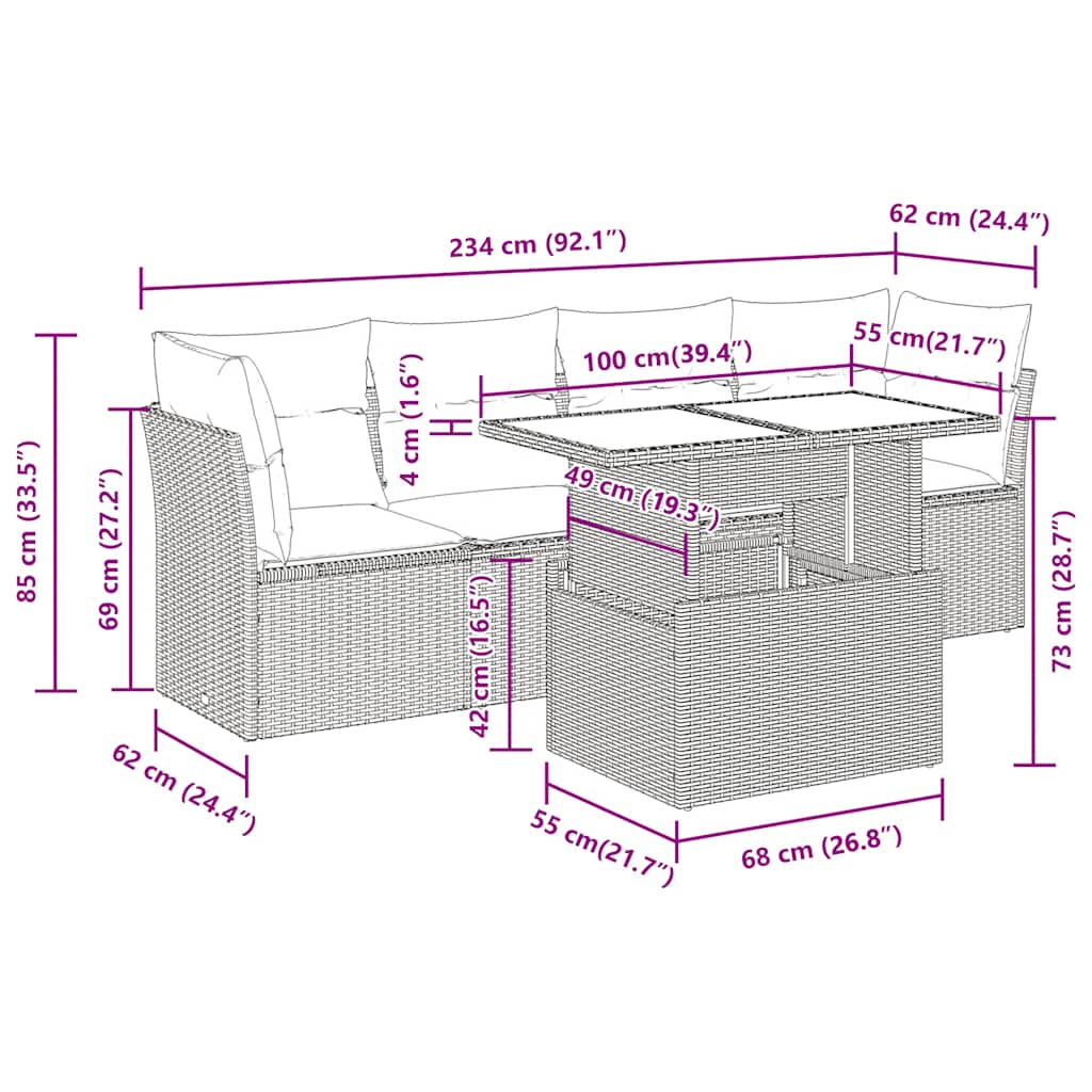 5-delige Loungeset met kussens poly rattan zwart