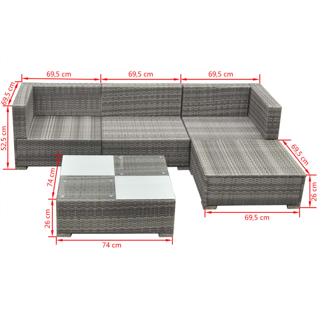 5-delige Loungeset met kussens poly rattan grijs is nu te koop bij PeponiXL, paradijselijk wonen!