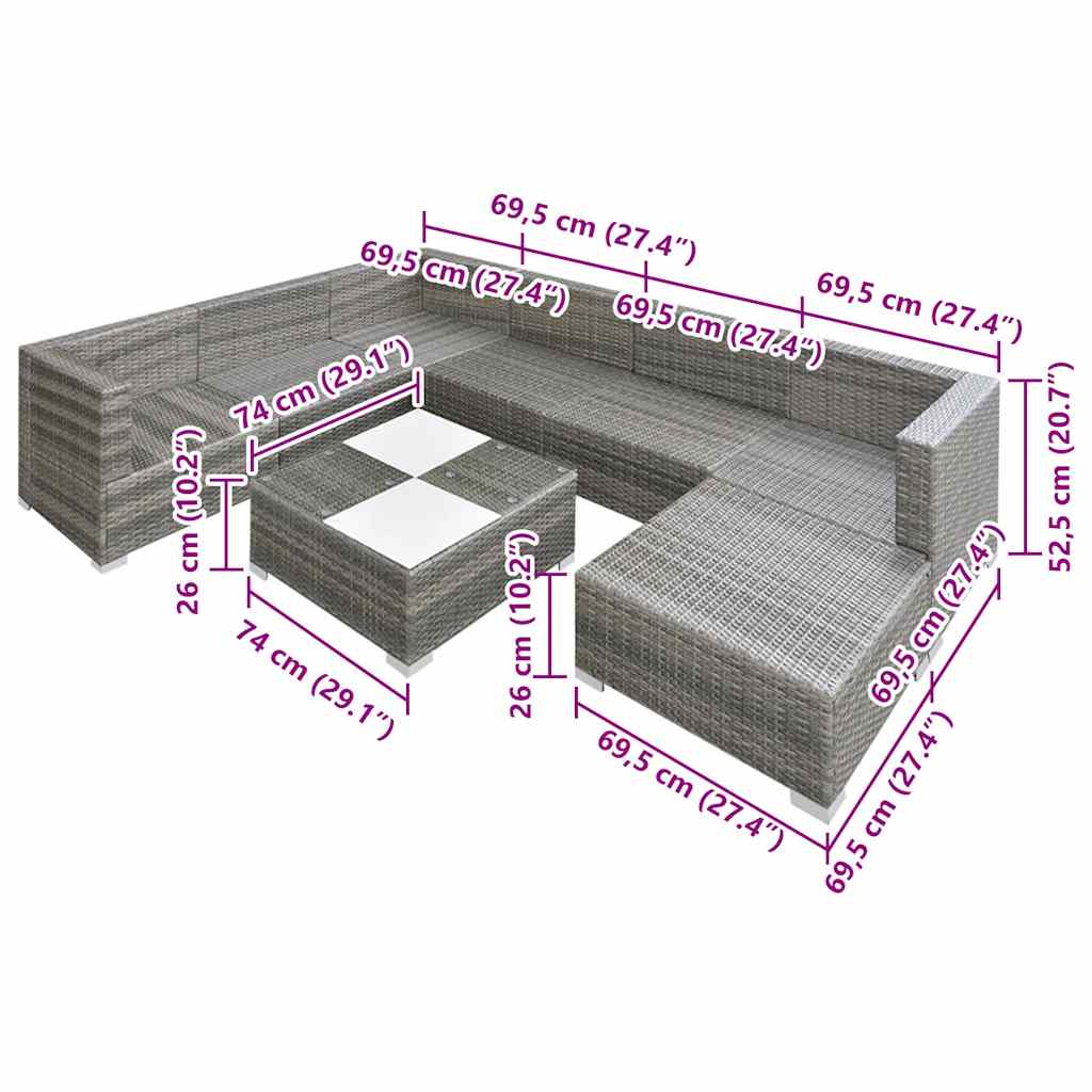 8-delige Loungeset met kussens poly rattan grijs is nu te koop bij PeponiXL, paradijselijk wonen!