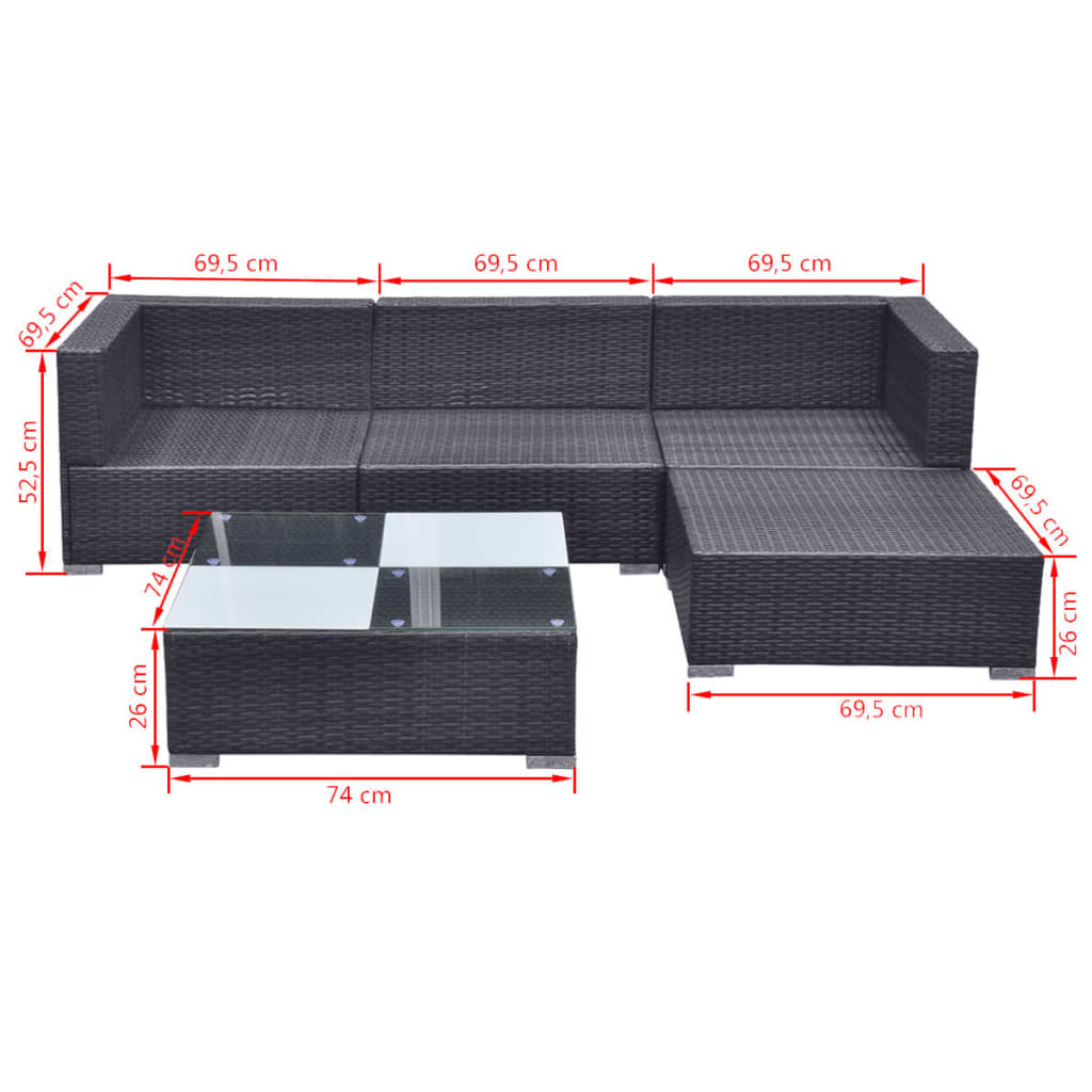 5-delige Loungeset met kussens poly rattan zwart is nu te koop bij PeponiXL, paradijselijk wonen!