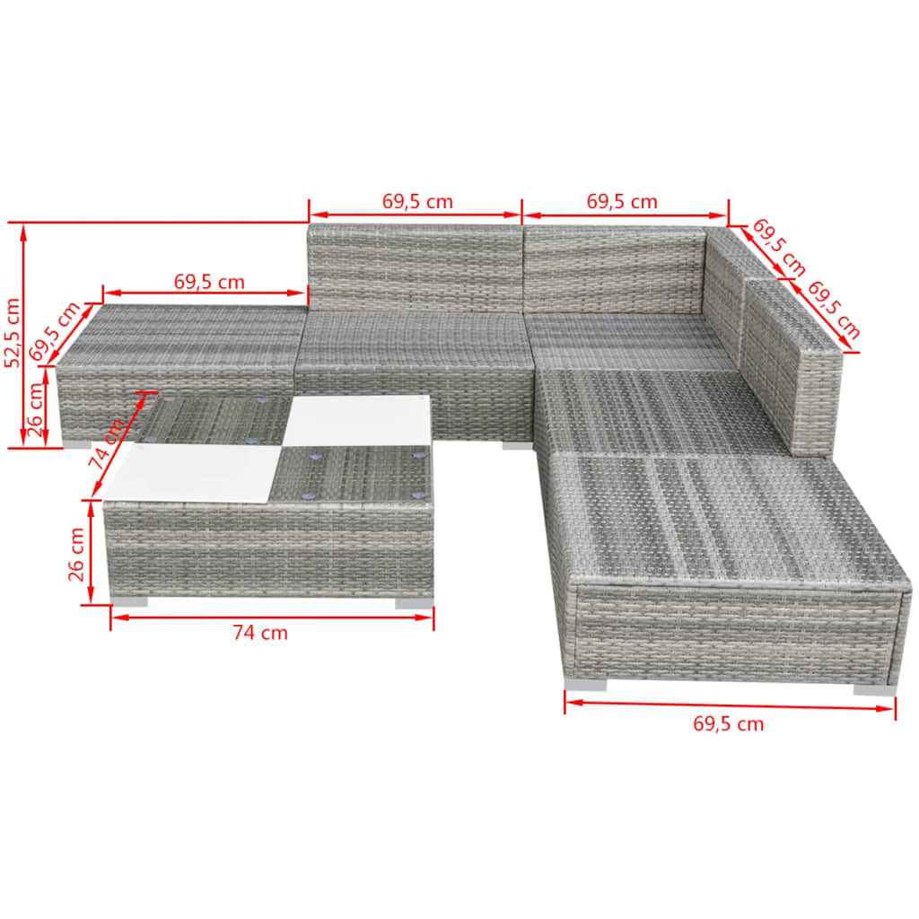 6-delige Loungeset met kussens poly rattan grijs is nu te koop bij PeponiXL, paradijselijk wonen!