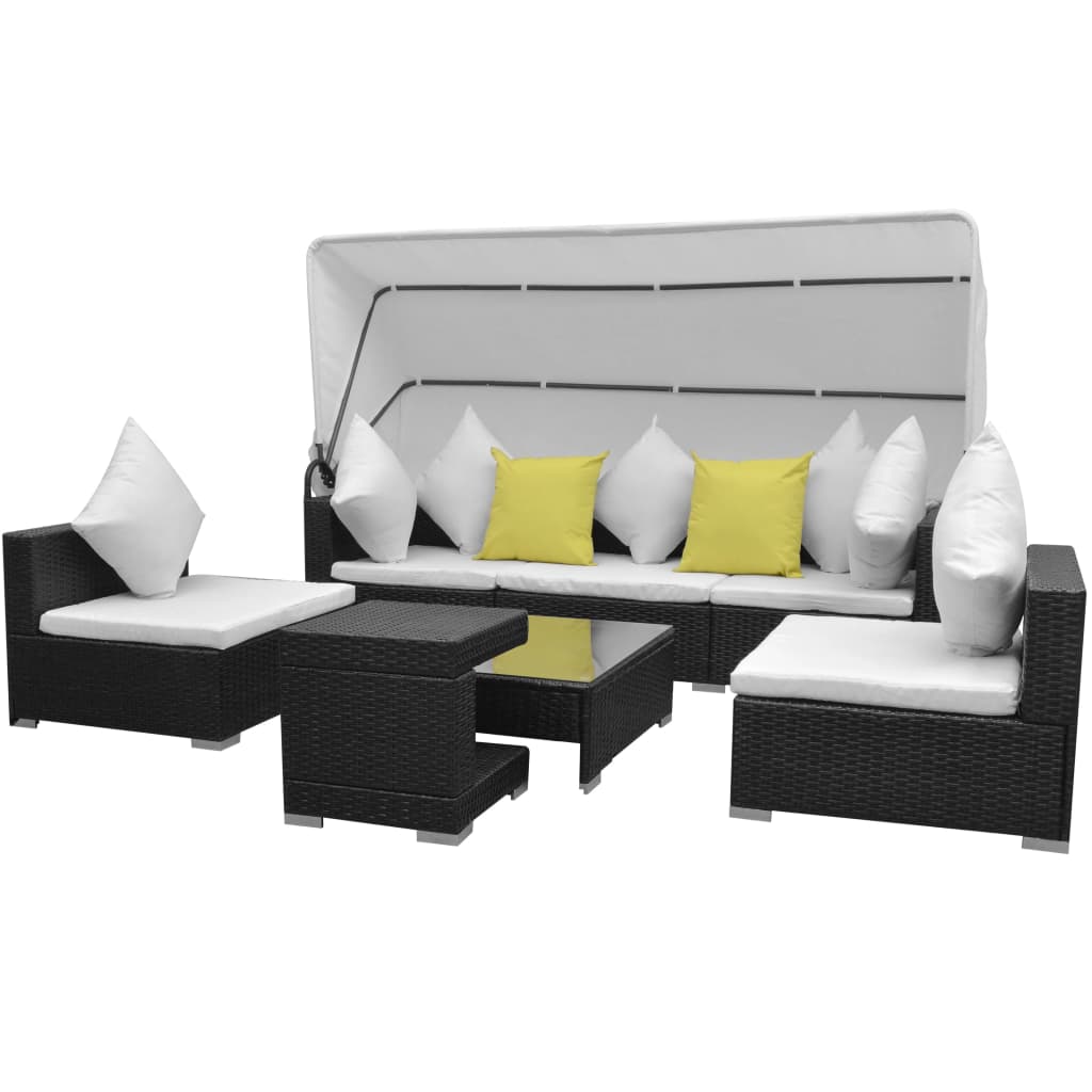 7-delige Loungeset met luifel poly rattan zwart is nu te koop bij PeponiXL, paradijselijk wonen!