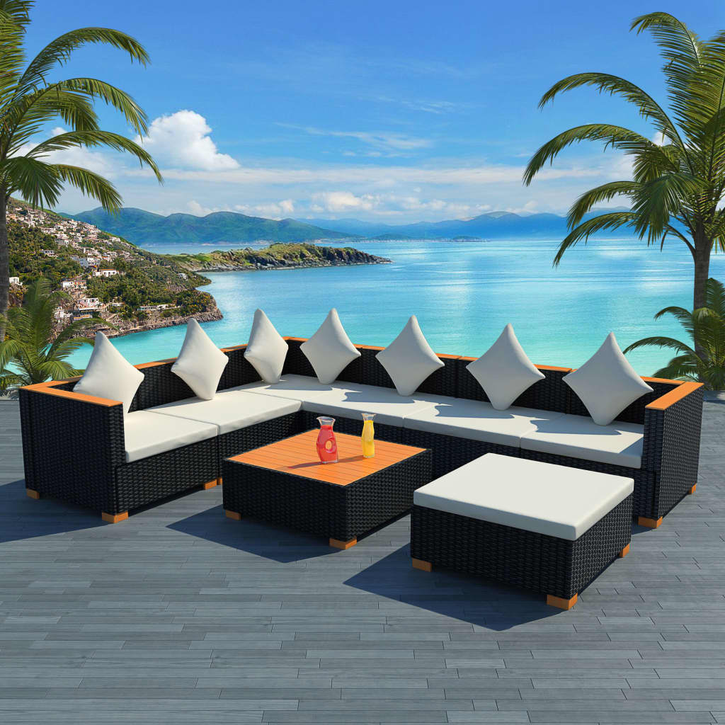 8-delige Loungeset met kussens poly rattan zwart is nu te koop bij PeponiXL, paradijselijk wonen!