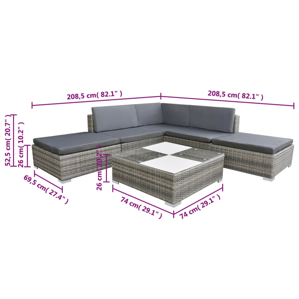6-delige Loungeset met kussens poly rattan grijs is nu te koop bij PeponiXL, paradijselijk wonen!
