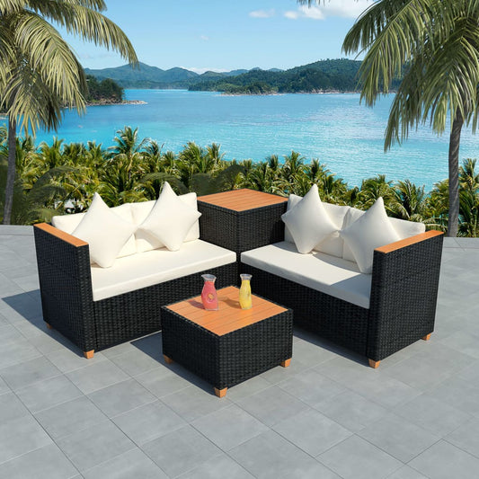 4-delige Loungeset met kussens poly rattan zwart is nu te koop bij PeponiXL, paradijselijk wonen!
