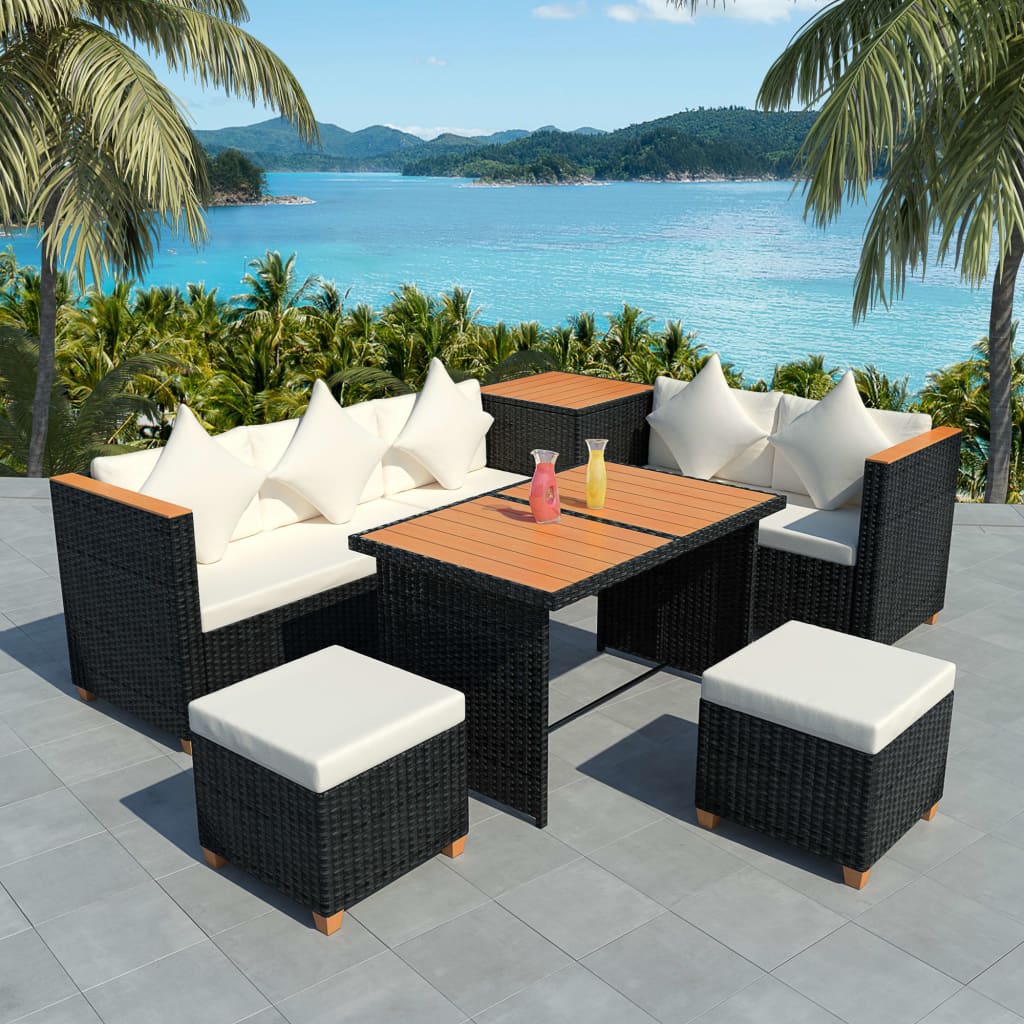 7-delige Loungeset met kussens poly rattan zwart is nu te koop bij PeponiXL, paradijselijk wonen!