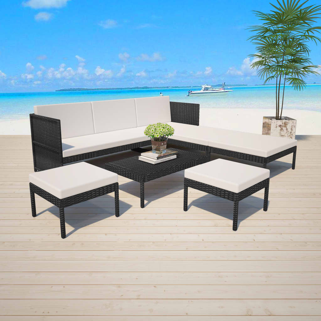 6-delige Loungeset met kussens poly rattan zwart is nu te koop bij PeponiXL, paradijselijk wonen!