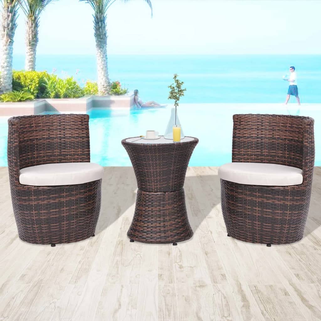 3-delige Bistroset met kussens poly rattan bruin is nu te koop bij PeponiXL, paradijselijk wonen!