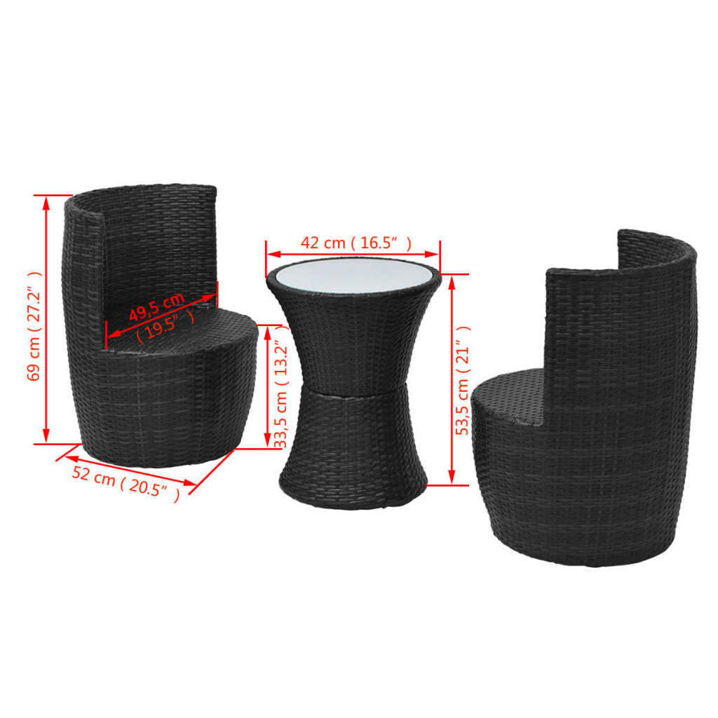3-delige Bistroset met kussens poly rattan zwart is nu te koop bij PeponiXL, paradijselijk wonen!