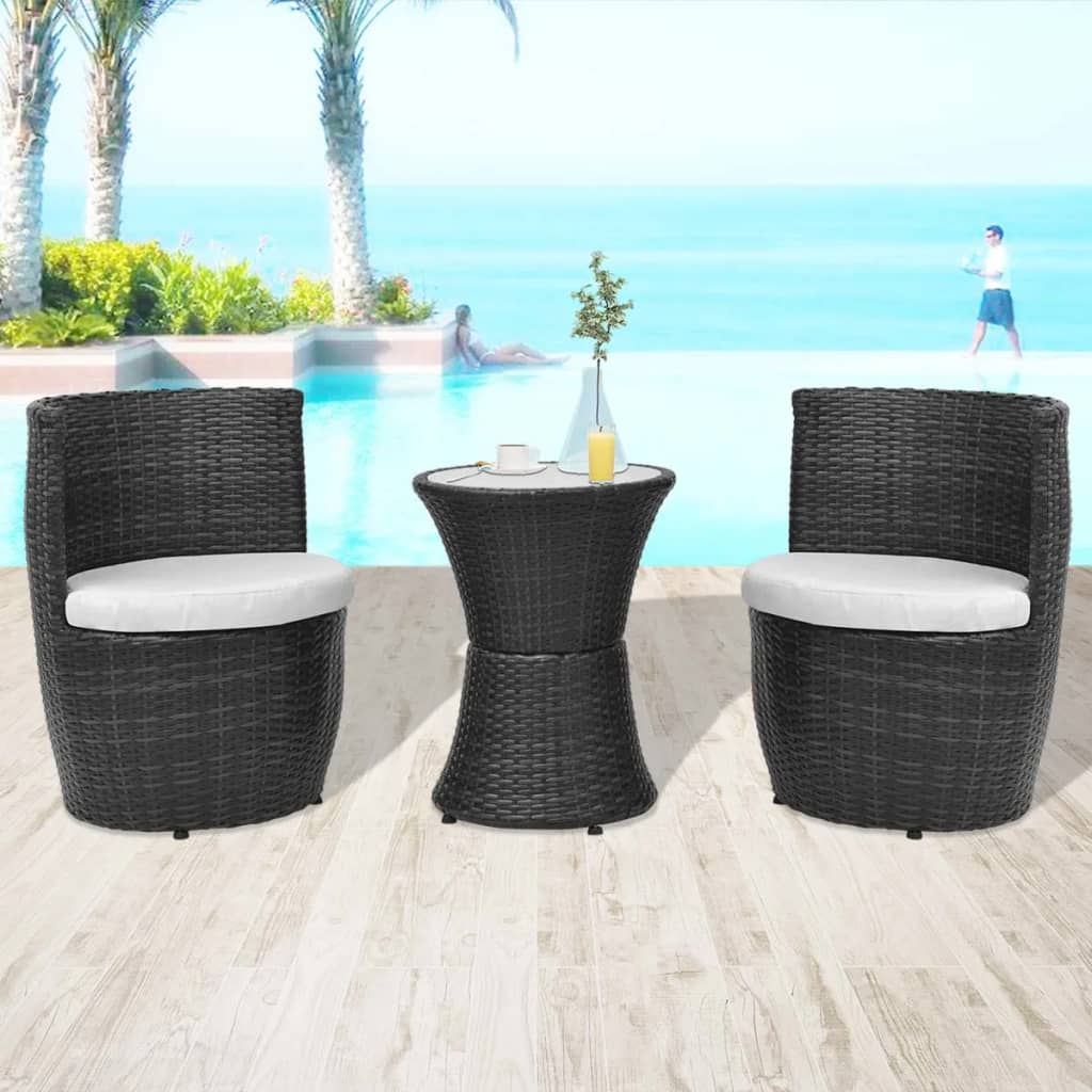 3-delige Bistroset met kussens poly rattan zwart is nu te koop bij PeponiXL, paradijselijk wonen!