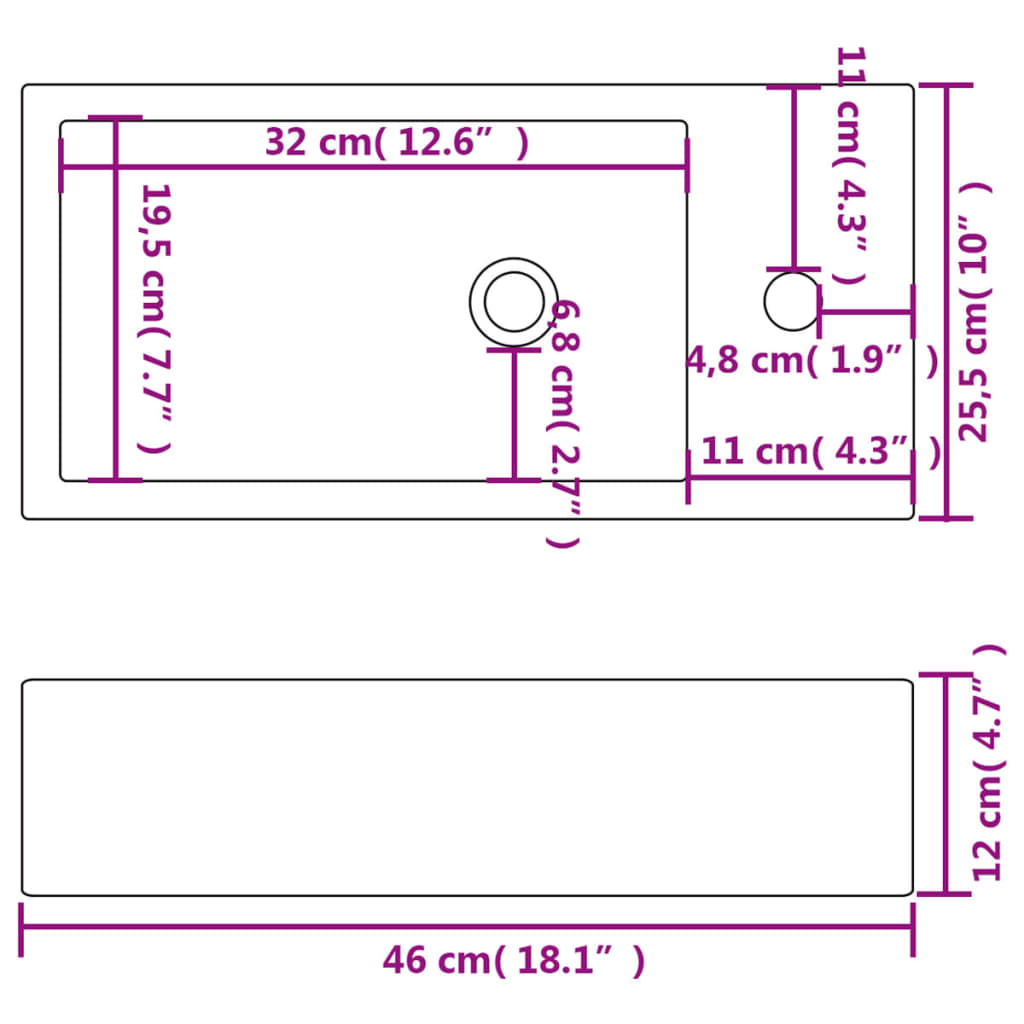 Wastafel met kraangat rechthoekig wit 46x25,5x12 cm keramiek is nu te koop bij PeponiXL, paradijselijk wonen!