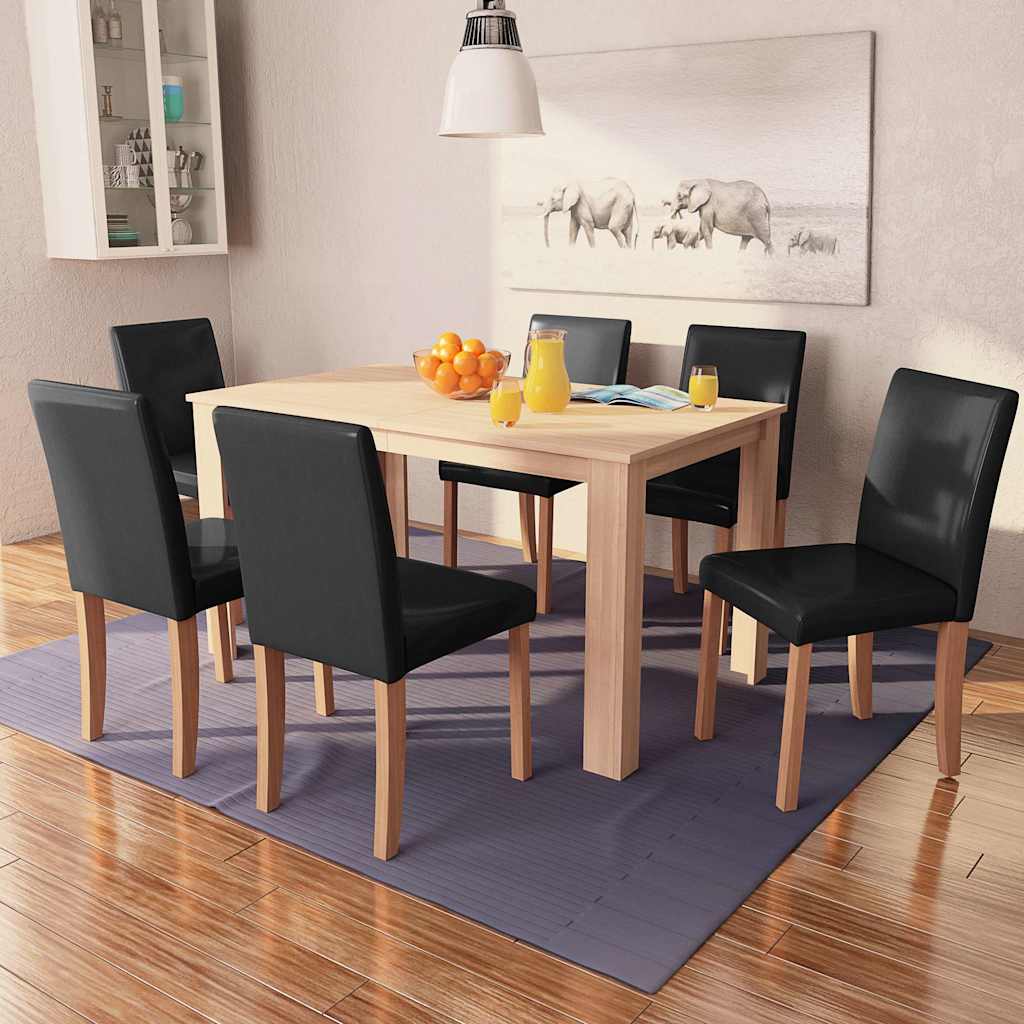 Eettafel met stoelen kunstleer en eikenhout zwart 7 st is nu te koop bij PeponiXL, paradijselijk wonen!