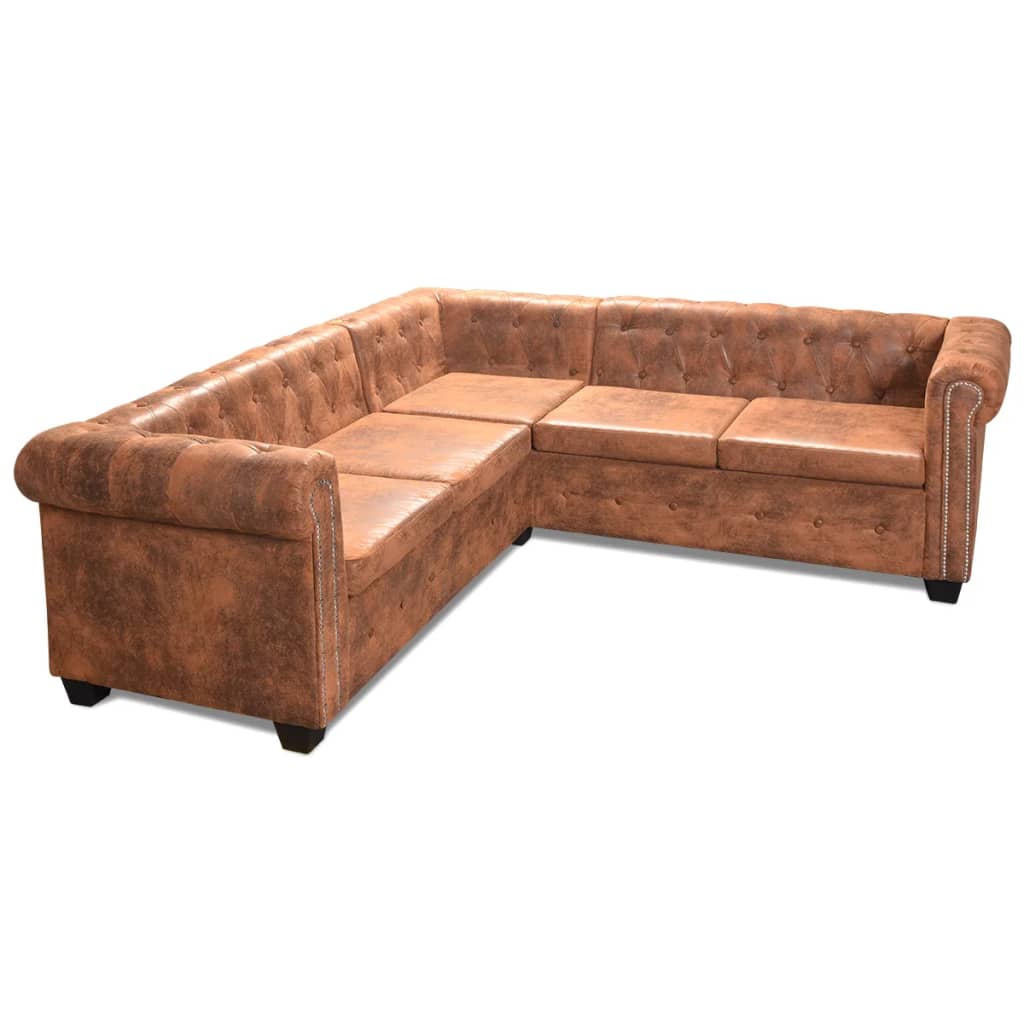 Hoekbank 5-zits Chesterfield-stijl kunstleer bruin is nu te koop bij PeponiXL, paradijselijk wonen!