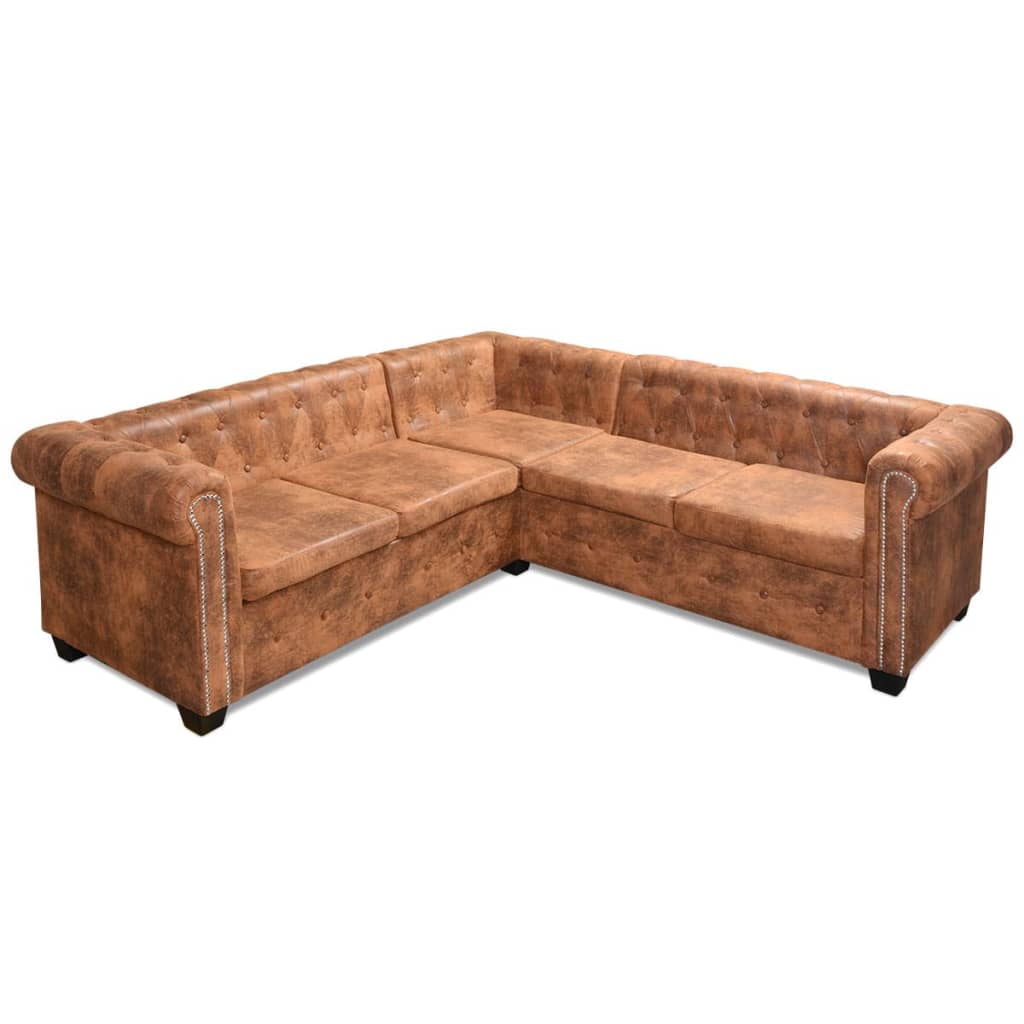 Hoekbank 5-zits Chesterfield-stijl kunstleer bruin is nu te koop bij PeponiXL, paradijselijk wonen!