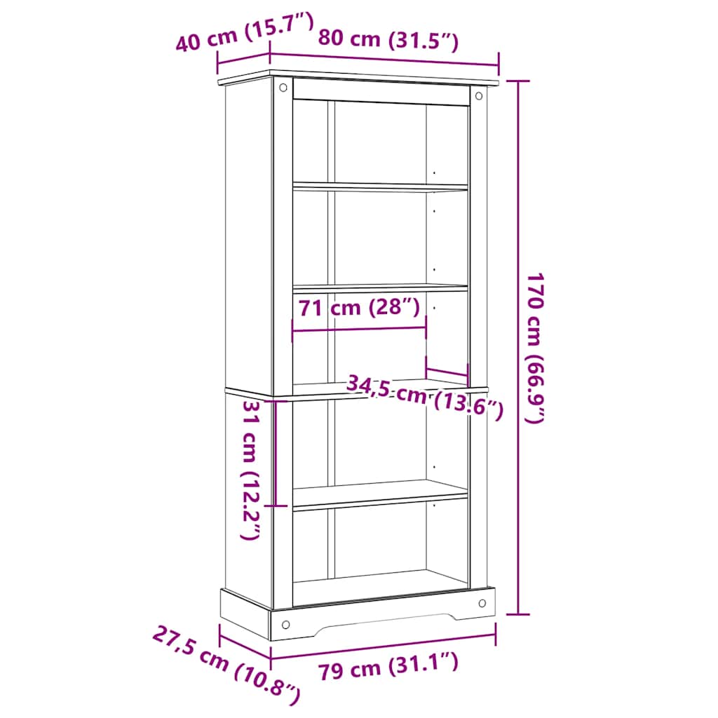 Boekenkast met 5 planken Corona-stijl 80x40x170 cm grenenhout is nu te koop bij PeponiXL, paradijselijk wonen!