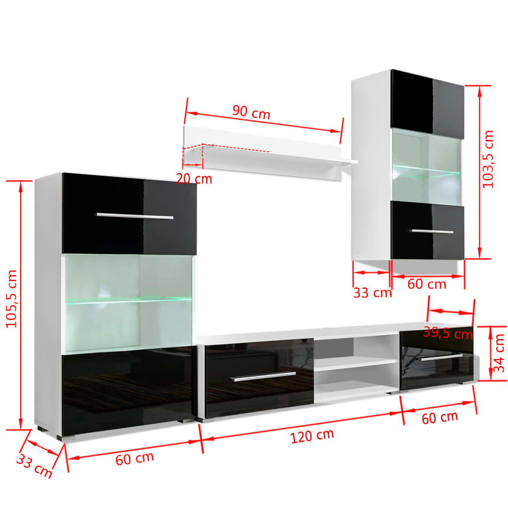 Muurvitrine tv-meubel met LED-verlichting zwart 5-delig is nu te koop bij PeponiXL, paradijselijk wonen!