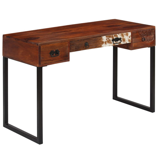 Bureau 117x50x76 cm massief acaciahout en echt leer is nu te koop bij PeponiXL, paradijselijk wonen!