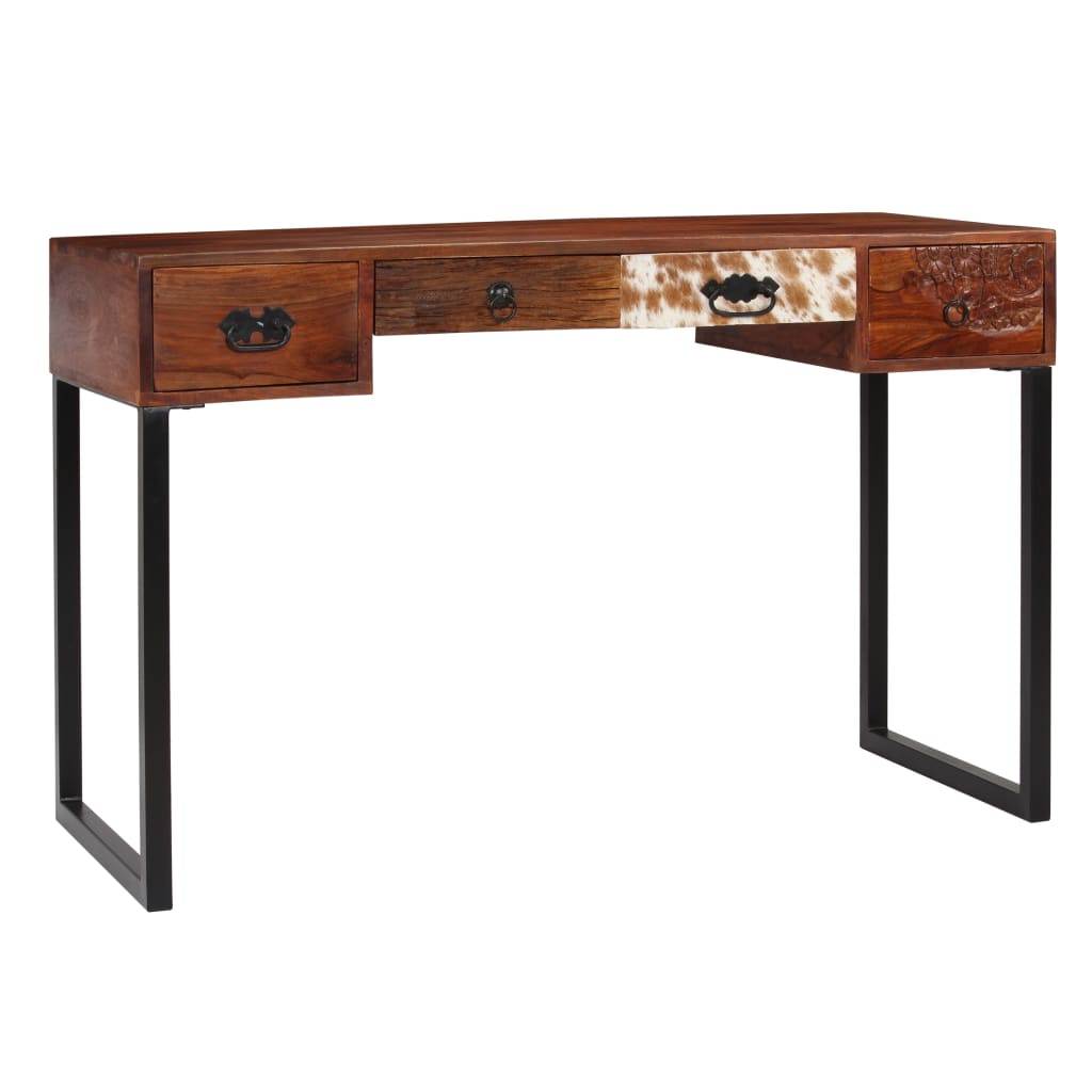 Bureau 117x50x76 cm massief acaciahout en echt leer is nu te koop bij PeponiXL, paradijselijk wonen!