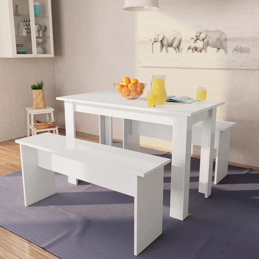 Eettafel en banken 3 st bewerkt hout wit is nu te koop bij PeponiXL, paradijselijk wonen!