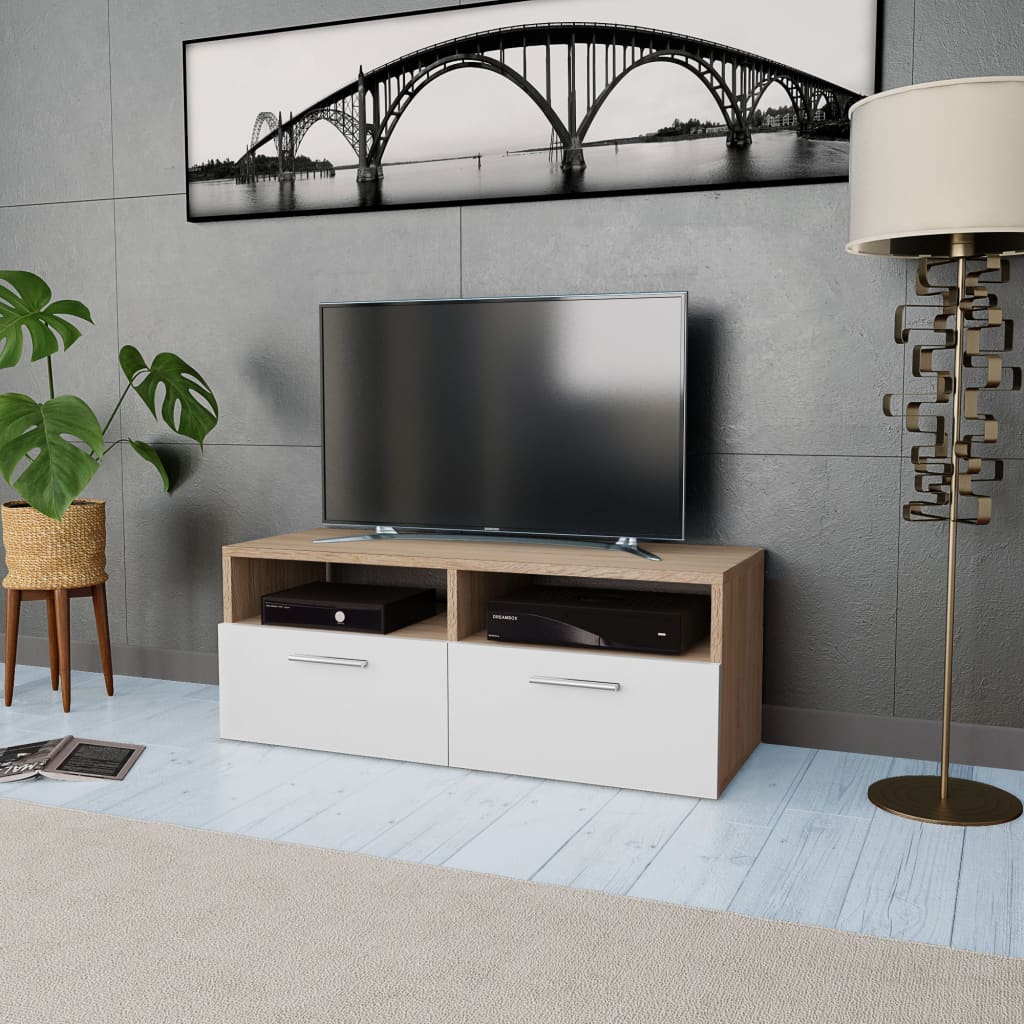 Tv-meubel 95x35x36 cm bewerkt hout eikenkleurig en wit is nu te koop bij PeponiXL, paradijselijk wonen!
