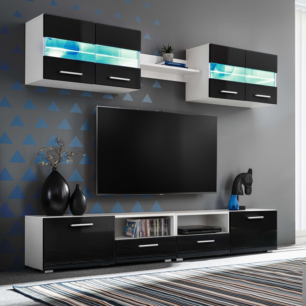 Tv-wandmeubelset met LED-verlichting hoogglans zwart 5-delig is nu te koop bij PeponiXL, paradijselijk wonen!