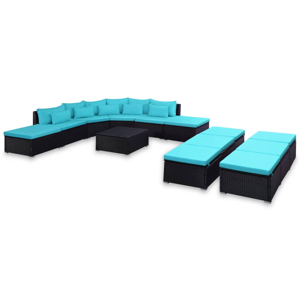 9-delige Loungeset met kussens poly rattan blauw