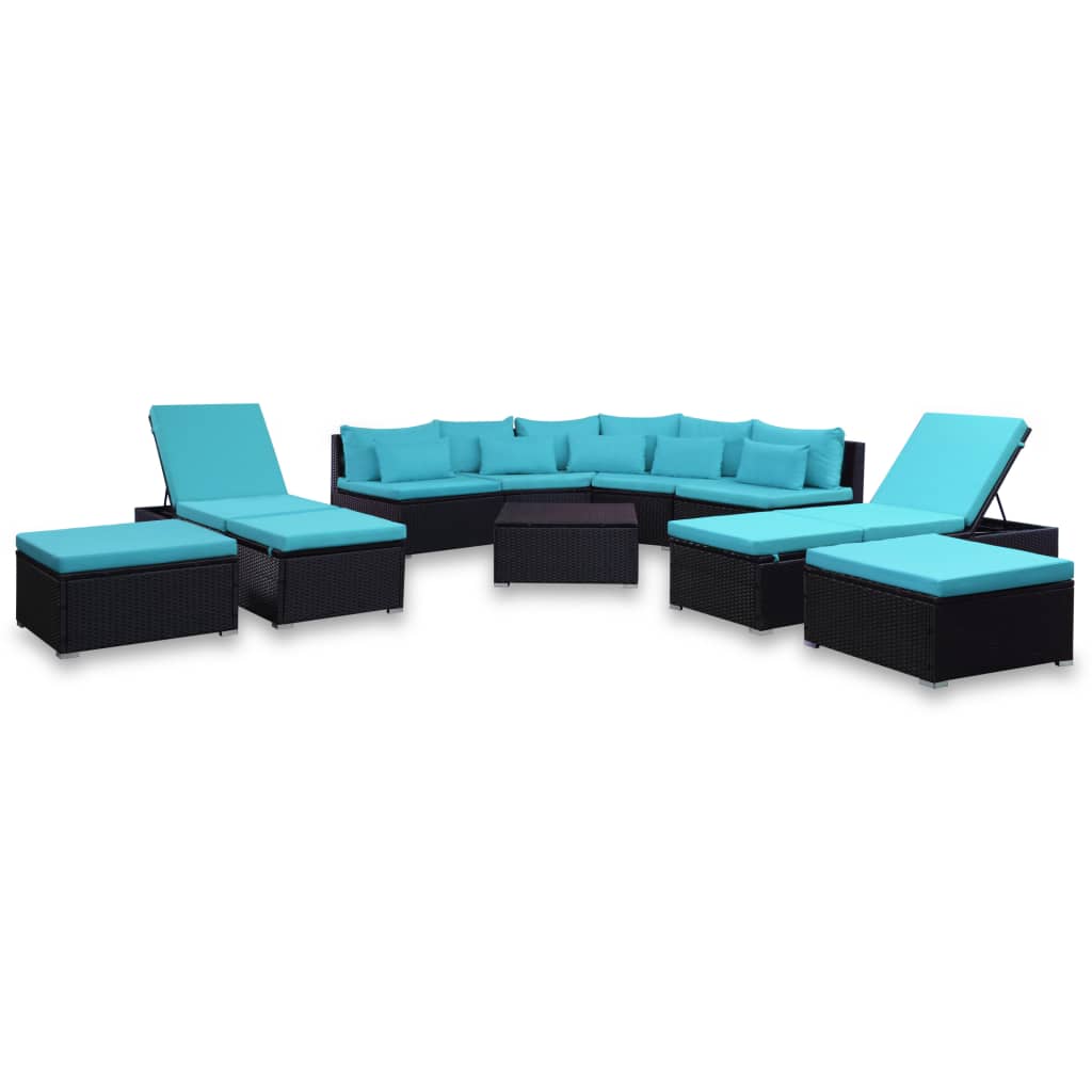 9-delige Loungeset met kussens poly rattan blauw