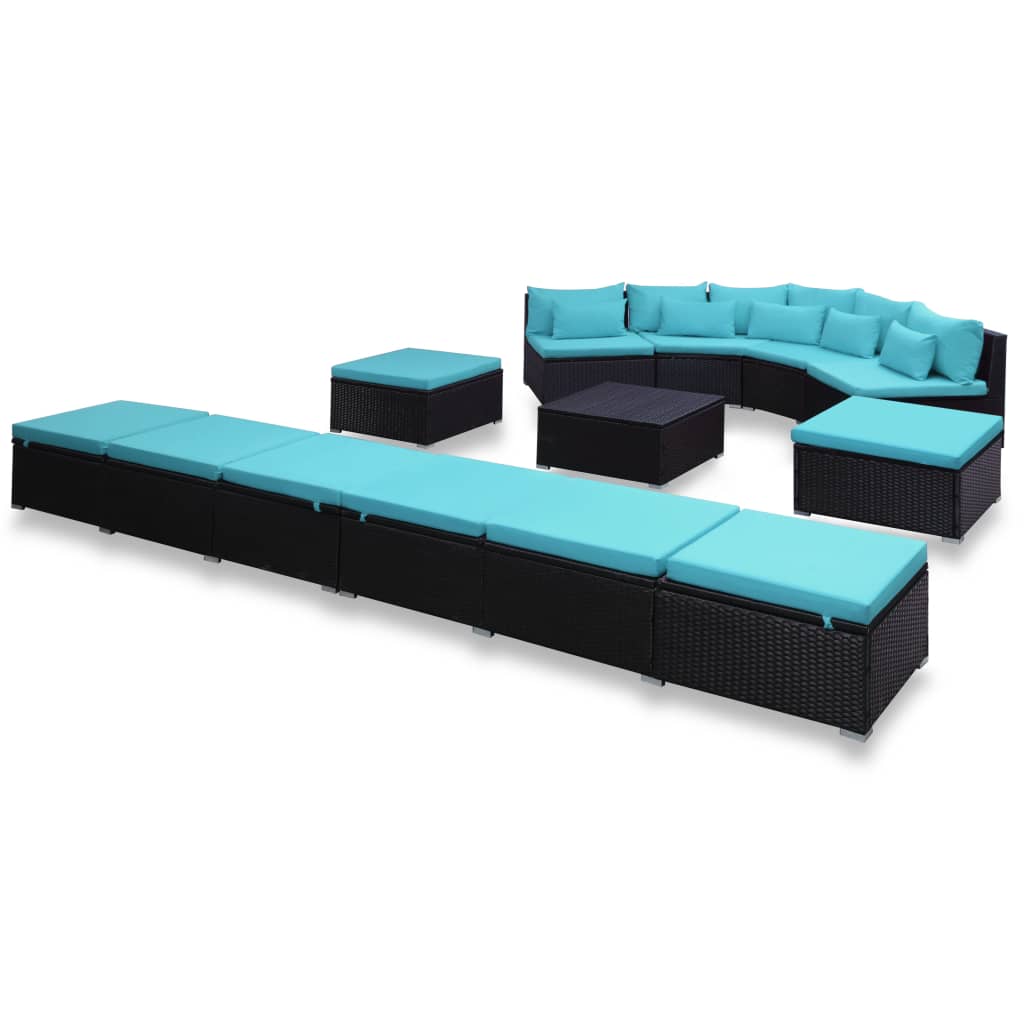 9-delige Loungeset met kussens poly rattan blauw
